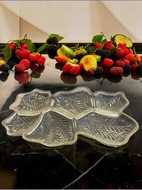 JEANETTE GLASS CO -- Feather Leaf Serving Plate, 6 Section Relish Tray, 1950's